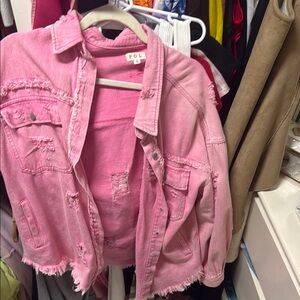 Pink Distressed Denim Jacket